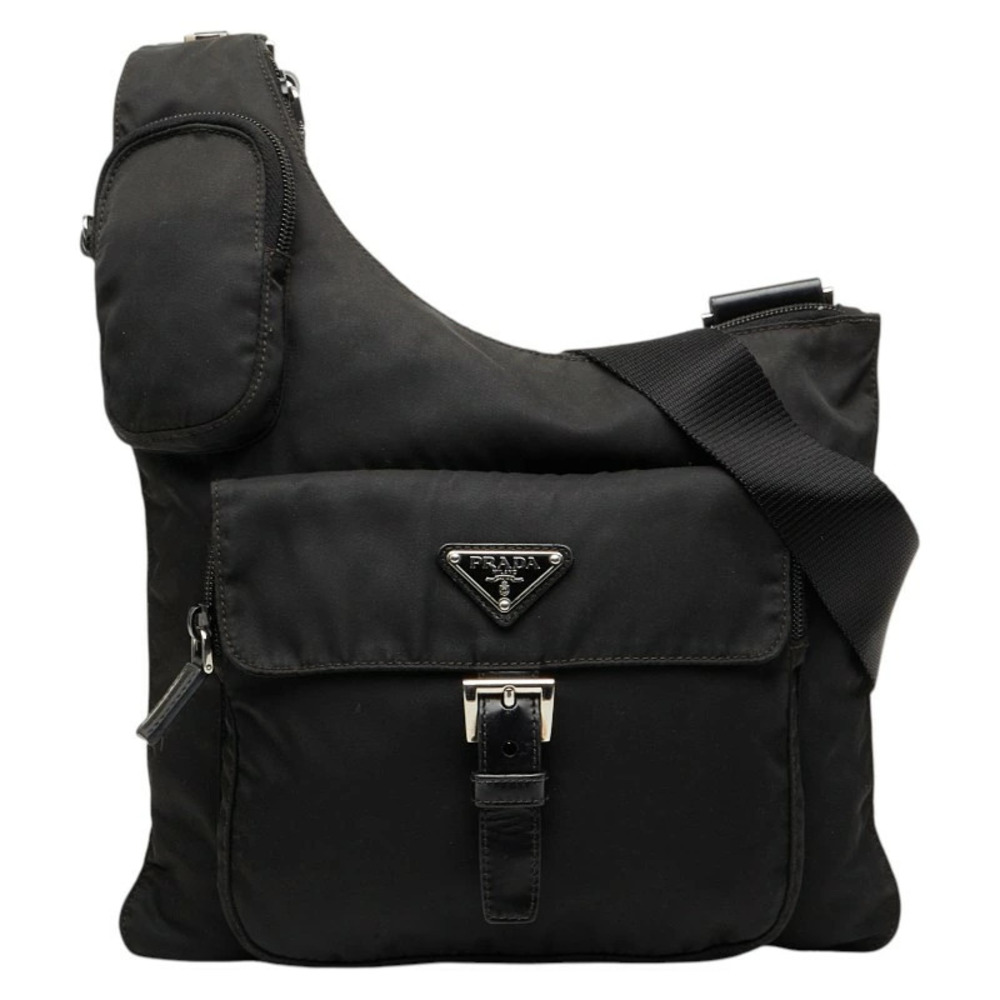 Prada Triangle Plate Crossbody Bag Black Leather